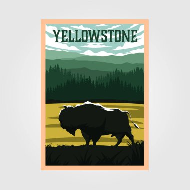 bison on yellowstone national park vintage poster vector illustration, travel poster design clipart