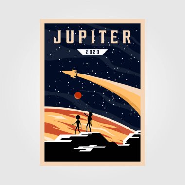 jupiter poster arkaplan çizimi, uzay vintage poster çizimi tasarımı