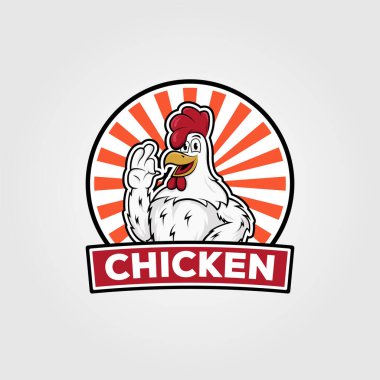 Tavuk vintage logo vektör çizimi, rozet tasarımı üzerine tavuk çizgi filmi