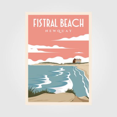 fistral beach vintage poster illustration design, beach poster design clipart