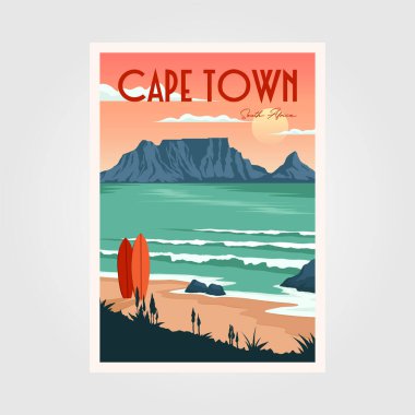 Cape Town 'daki tablo dağ manzarası klasik poster tasarımı, klasik sörf posteri tasarımı