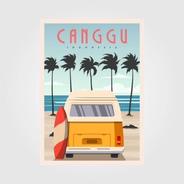Canggu plajı, klasik araba arka plan tasarımı, sörf poster çizimi.