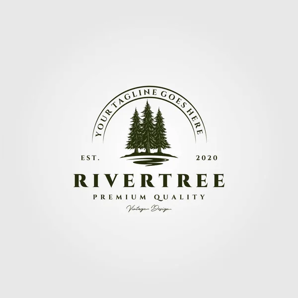 Rio Pinho Árvore Vintage Logotipo Vetor Ilustração Design — Vetor de Stock