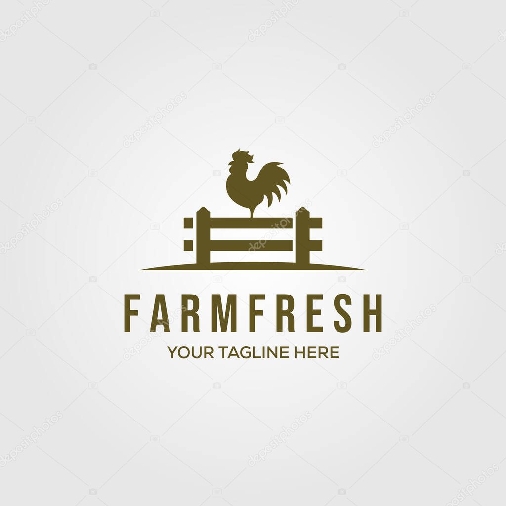 Chicken farm logo vector illustration design, rooster on fence vintage logo design