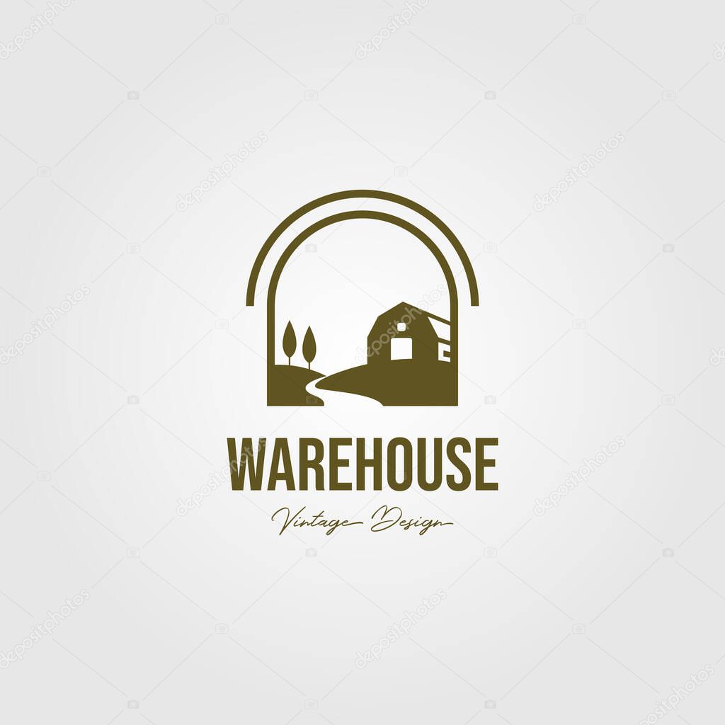 Creek and barn logo vector design, vintage warehouse vector logo design