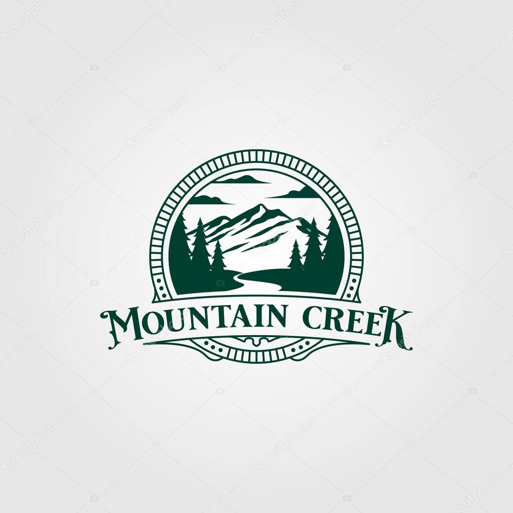 Creek and mountain vintage logo vector illustration design, vintage outdoor logo design