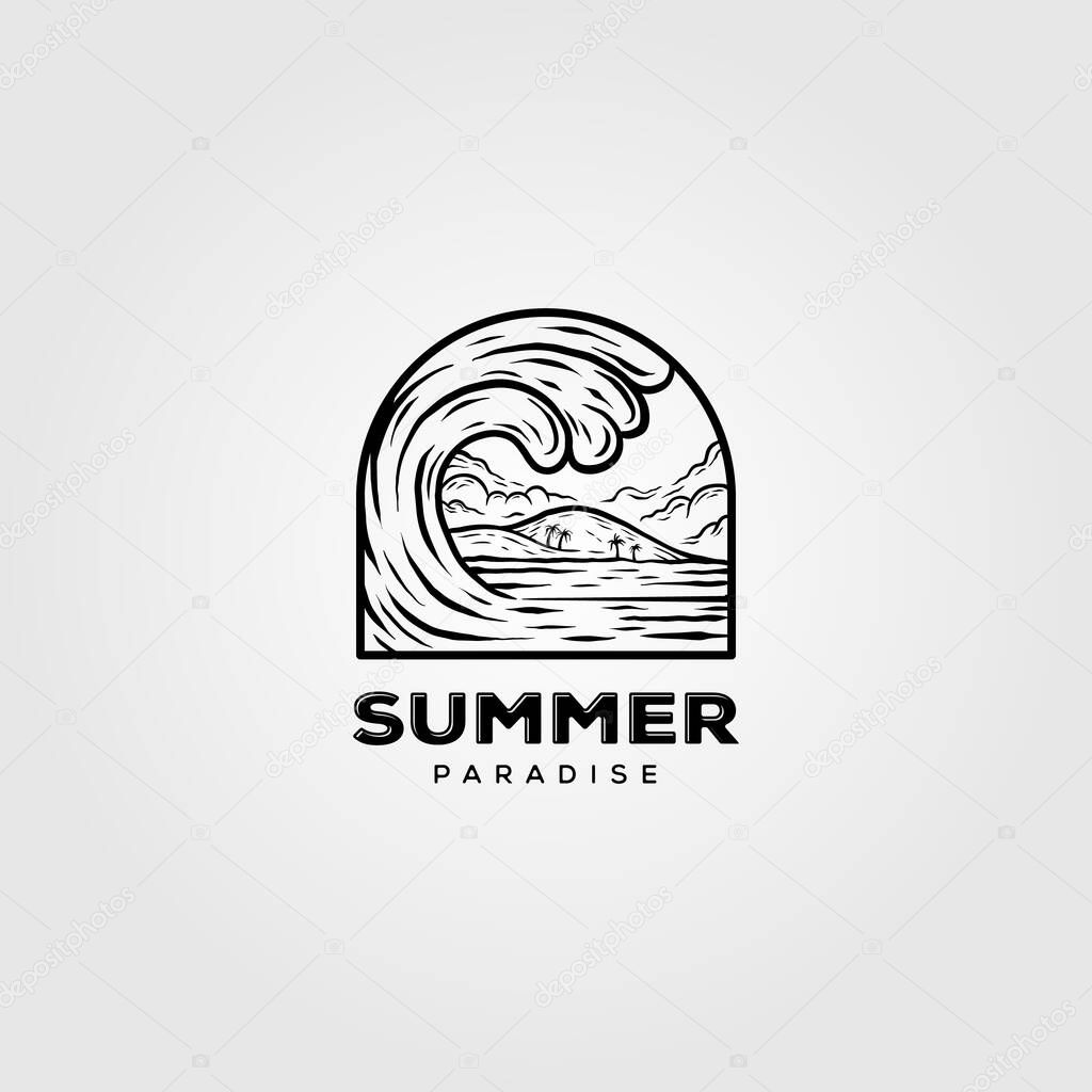 summer surf vintage line art logo vector illustration, ocean wave logo design