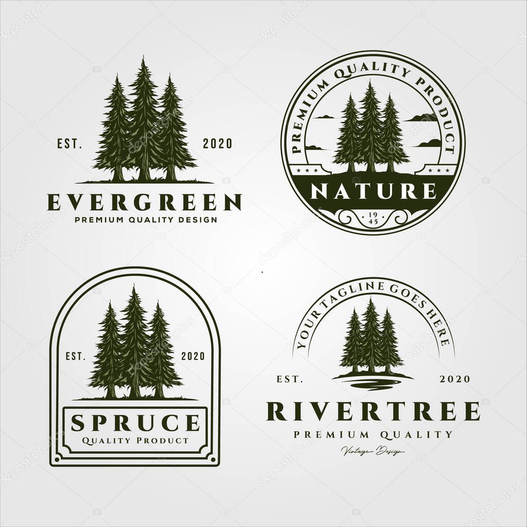 Pine trees vector set vintage logo illustration design, collection of evergreen vector logo design