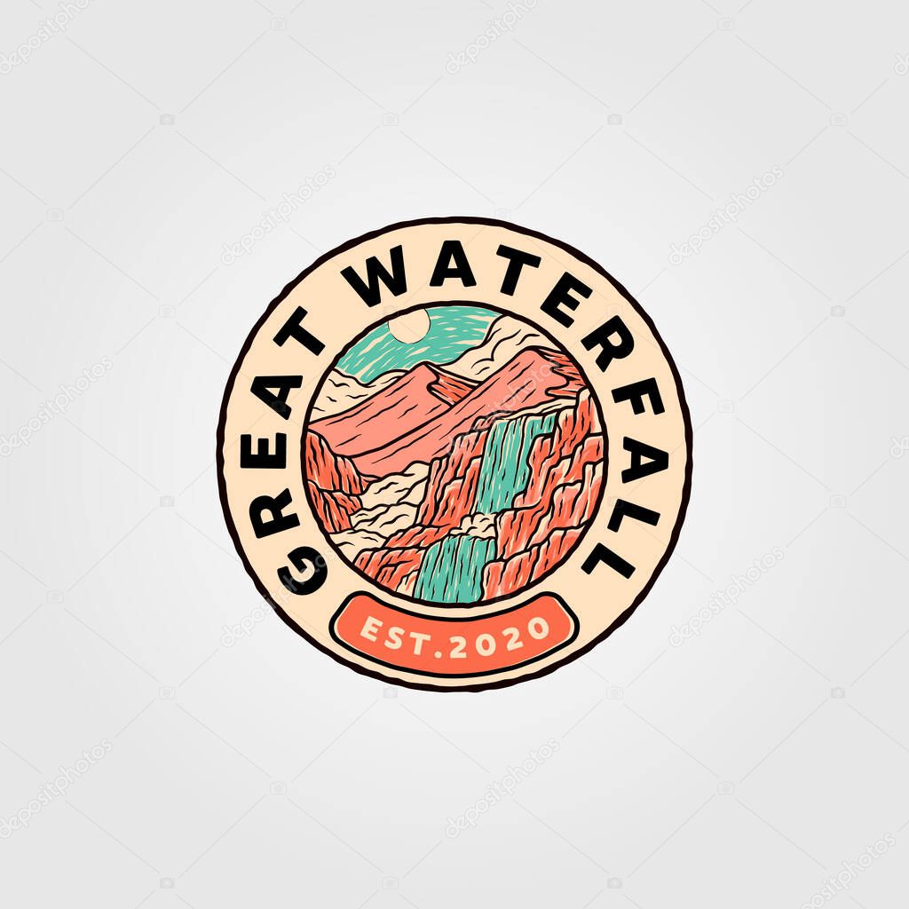 Great waterfall mountain logo vector illustration design, outdoor emblem vector design