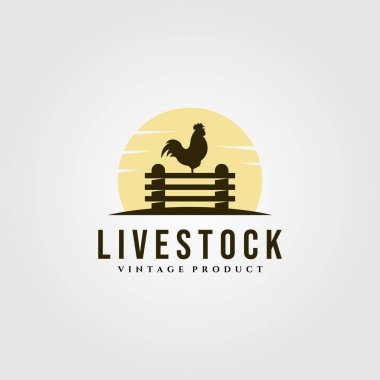Çit logosu üzerinde tavuk çiftliği vektör illüstrasyon tasarımı, çiftlik hayvanı vintage logo tasarımı