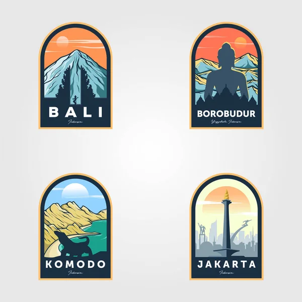 Indonesische Reise Logo Set Vintage Vektor Illustration Design — Stockvektor