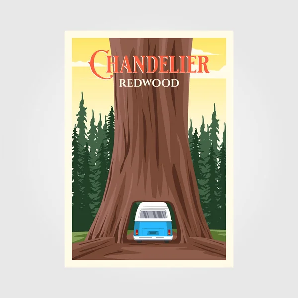 Lustre Árvore Com Ônibus Parque Nacional Sequoia Poster Vintage Ilustração —  Vetores de Stock