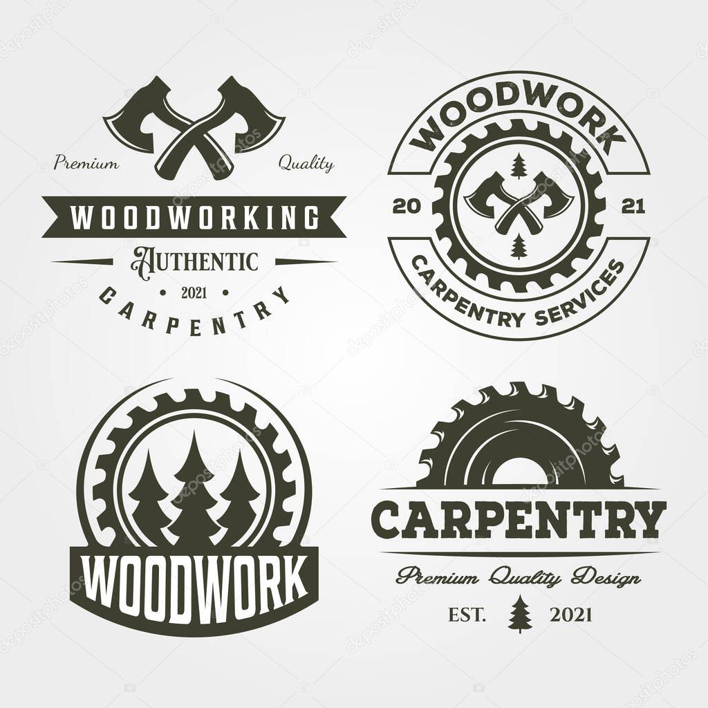 Carpentry woodworker set logo vintage vector symbol illustration design