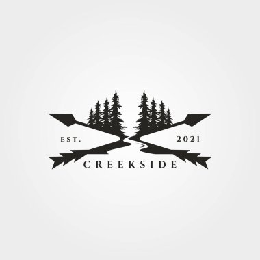 pine tree river logo landscape vector vintage illustration design clipart