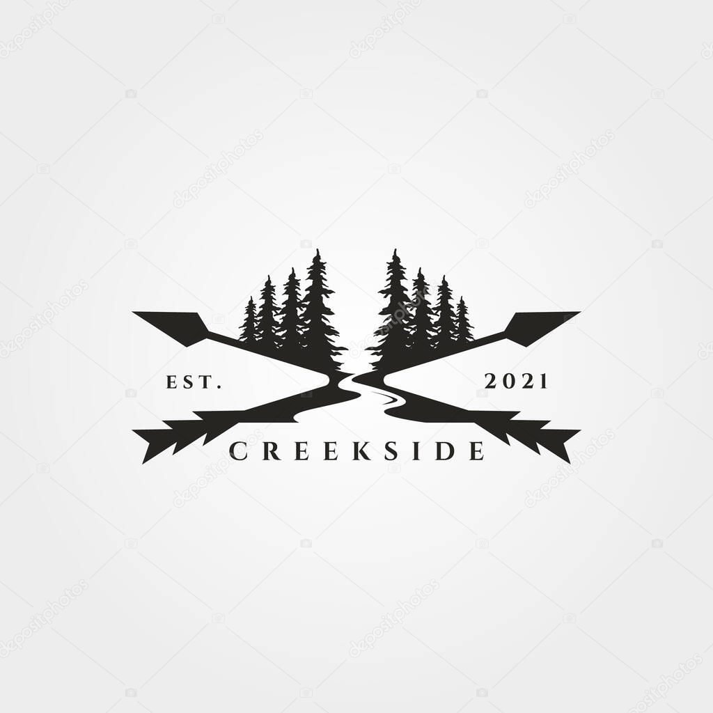 pine tree river logo landscape vector vintage illustration design