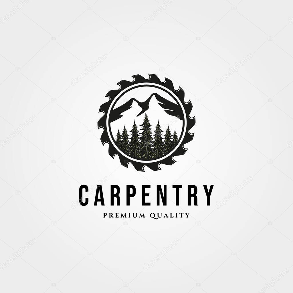 Carpentry logo vintage with nature landscape and saw vector symbol illustration design