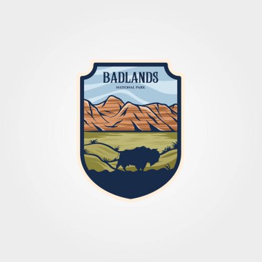 Badlands ulusal park amblemi yama vintage vektör illüstrasyon tasarımı, seyahat logosu koleksiyonu tasarımı