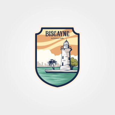 Bisscayne Ulusal Park etiketi yaması logo vektör sembolü çizimi, deniz feneri logosu tasarımı