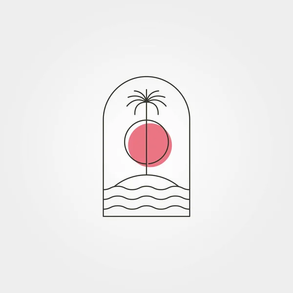 Palme Insel Linie Logo Vektor Symbol Mit Sonnenuntergang Illustration Design — Stockvektor