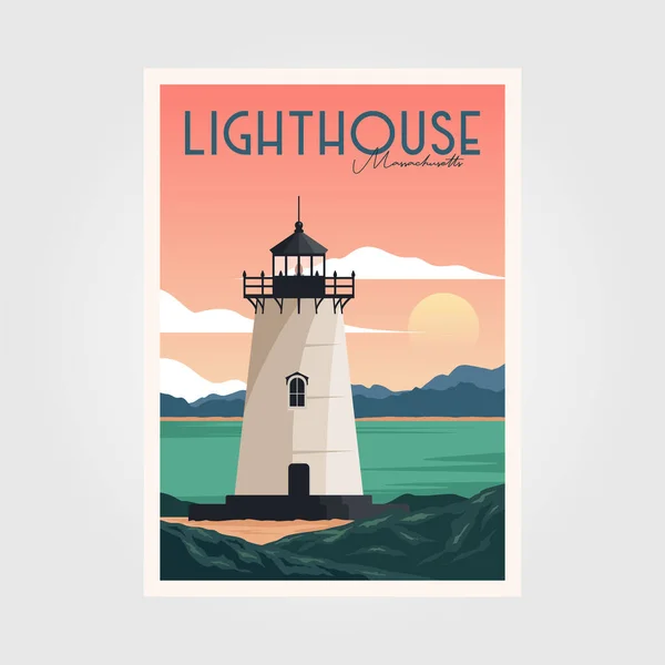 Leuchtturm Und Sonnenuntergang Ansicht Vintage Poster Vektor Hintergrund Illustration Design — Stockvektor
