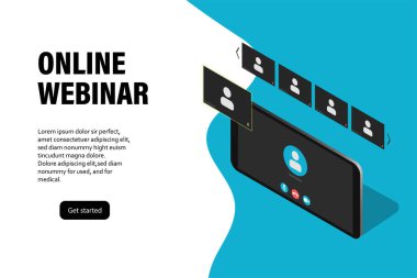Çevrimiçi Webinar, toplantı. Meslektaşlar düzeyinde giyim ve web toplantıları, modern eğitim. Vektör illüstrasyonu