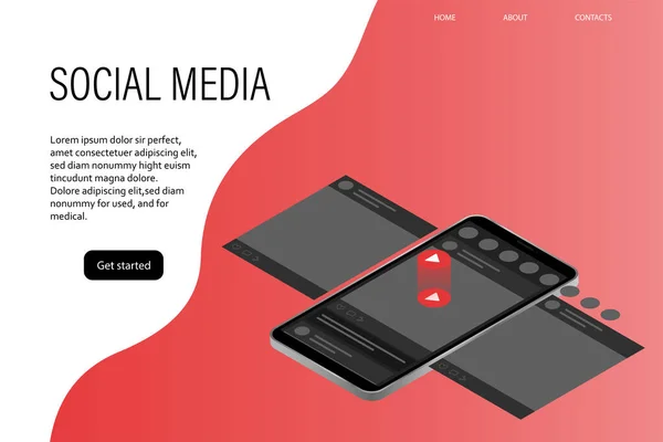 Página de destino do site de mídia social com telefone em isométrico. Design modelo banner aplicativo móvel. — Vetor de Stock