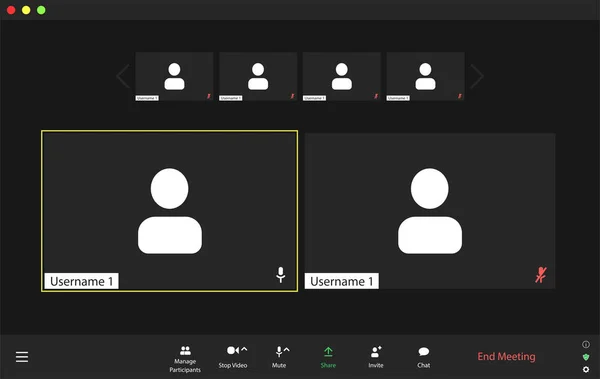 Interfaccia utente per videoconferenze, sovrapposizione della finestra delle videoconferenze. Sei utenti. — Vettoriale Stock