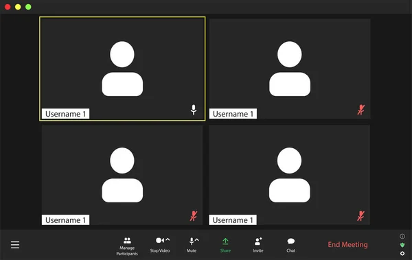 Şablon görüntülü konferans kullanıcı arayüzü, video konferans görüşmeleri pencere örtüsü. Dört kullanıcı.