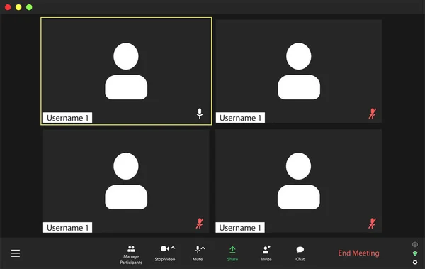 Mall videokonferens användargränssnitt, videokonferens samtal fönster overlay. Fyra användare. — Stock vektor