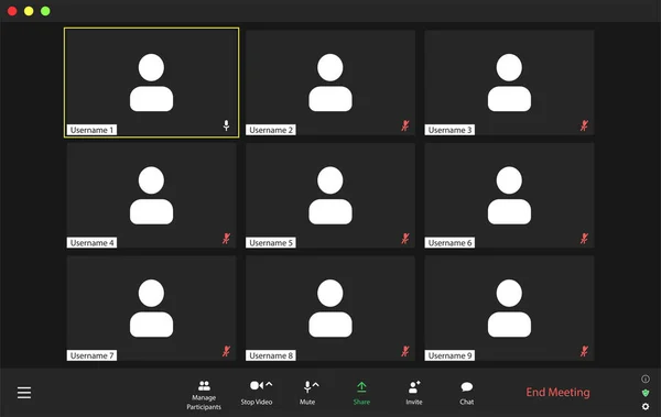 Mall videokonferens användargränssnitt, videokonferens samtal fönster overlay.Nio användare. — Stock vektor