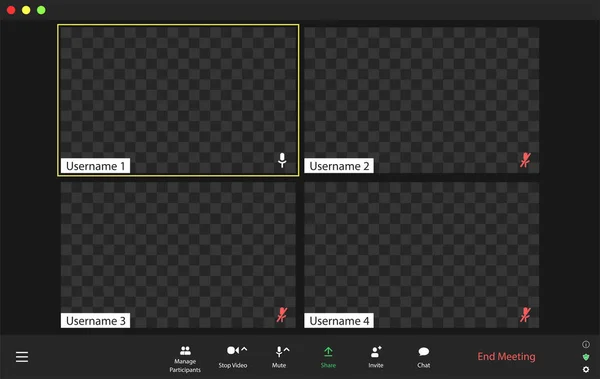 Interfaccia utente per videoconferenze Template, sovrapposizione della finestra delle videochiamate. Quattro utenti. — Vettoriale Stock