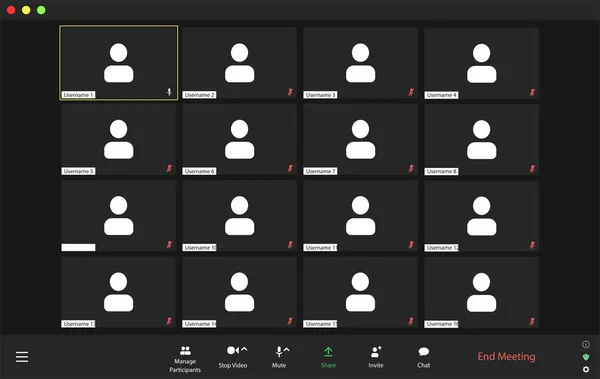 Interfaccia utente per videoconferenze Template, sovrapposizione della finestra delle videochiamate. Sedici utenti. — Vettoriale Stock