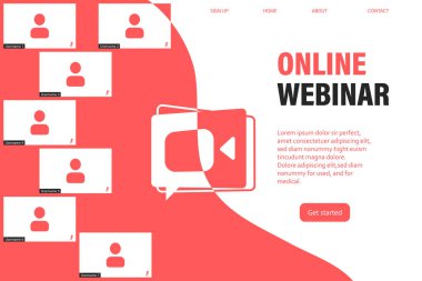 Çevrimiçi Webinar, toplantı. Meslektaşlar düzeyinde giyim ve web toplantıları, modern eğitim. Vektör illüstrasyonu