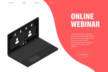 Çevrimiçi Webinar, toplantı. Meslektaşlar düzeyinde giyim ve web toplantıları, modern eğitim. Vektör illüstrasyonu
