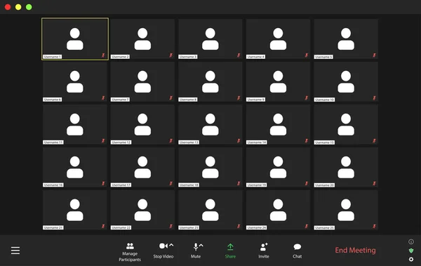 Mall Videokonferens Användargränssnitt Videokonferens Samtal Fönster Overlay Tjugofem Användare — Stock vektor