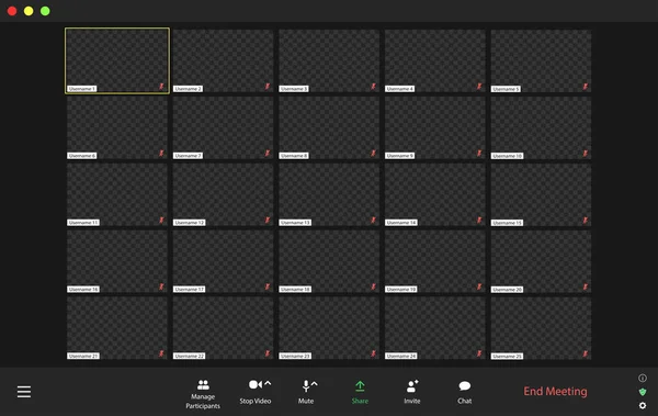 Mall Videokonferens Användargränssnitt Videokonferens Samtal Fönster Overlay Tjugofem Användare — Stock vektor