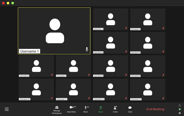 Mall Videokonferens Användargränssnitt Videokonferens Samtal Fönster Overlay Fyra Användare — Stock vektor