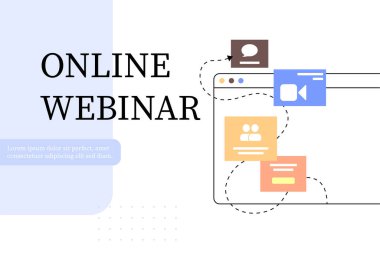 Çevrimiçi Webinar, toplantı. Meslektaşlar düzeyinde giyim ve web toplantıları, modern eğitim. Vektör illüstrasyonu