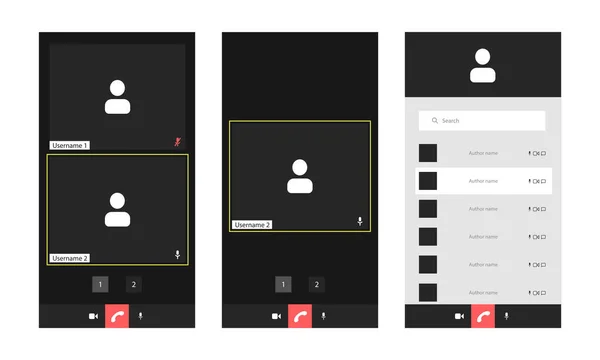 Video konferens mobilt användargränssnitt med chatt, video konferens samtal fönster overlay. — Stock vektor