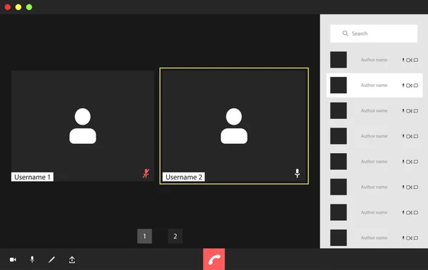 Video konferens användargränssnitt med en lista över användare, video konferens samtal fönster överlagring. Två användare. — Stock vektor