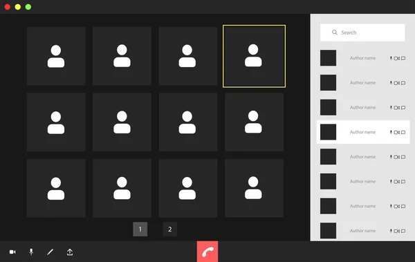 Video konferens användargränssnitt med en lista över användare, video konferens samtal fönster överlagring. Tolv användare. — Stock vektor