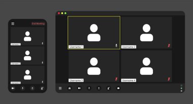 Şablon görüntülü konferans kullanıcı arayüzü, video konferans görüşmeleri pencere örtüsü. Üç-Dört kullanıcı.