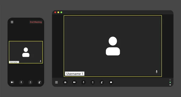 Gerçekçi telefon ve tablet üzerinde şablon görüntülü konferans kullanıcı arayüzü, video konferans pencereleri. İki kullanıcı