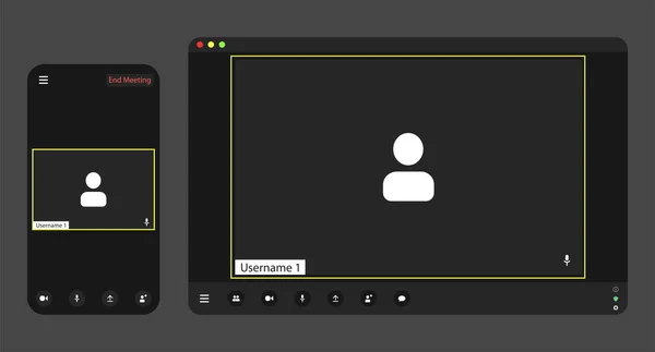 Mall videokonferens användargränssnitt på realistisk telefon och surfplatta, videokonferens samtal fönster överlagring. Två användare — Stock vektor