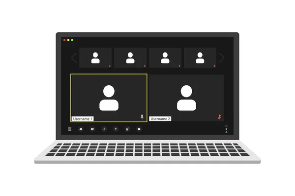 Benutzeroberfläche für Videokonferenzen auf realistischem Laptop, Fenster-Overlay für Videokonferenzen. Sechs Benutzer. — Stockvektor