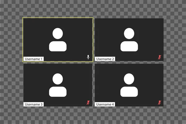 Videokonferens användargränssnitt mall med enskilda fönster på en transparent bakgrund. Fyra användare. — Stock vektor