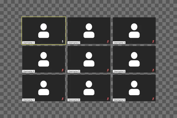 Videokonferens användargränssnitt mall med enskilda fönster på en transparent bakgrund. Nio användare. — Stock vektor