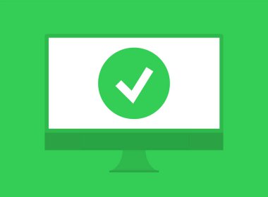 Tamamlanmış bir görevin simgesi. Doğrulanmış defter sembolü. Tamamlanmış bilgisayar test işareti. Vektör illüstrasyonu.