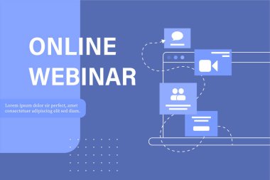 Çevrimiçi Webinar, toplantı. Meslektaşlar düzeyinde giyim ve web toplantıları, modern eğitim. Vektör illüstrasyonu