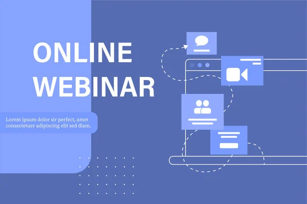 Online-Webinar, Treffen. Webinare und Web-Meetings auf Kollegenebene, moderne Ausbildung. Vektorillustration — Stockvektor